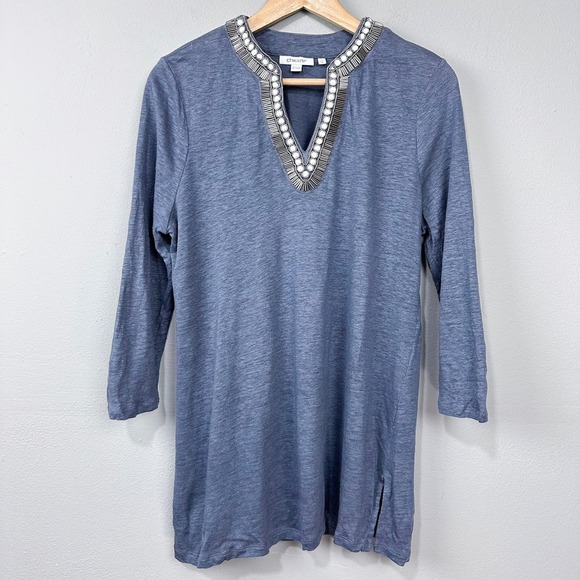 Chico's Linen Tunic Top Size M Slate Gray Blue Beaded V Neck Knit Coastal Artsy - Picture 1 of 10